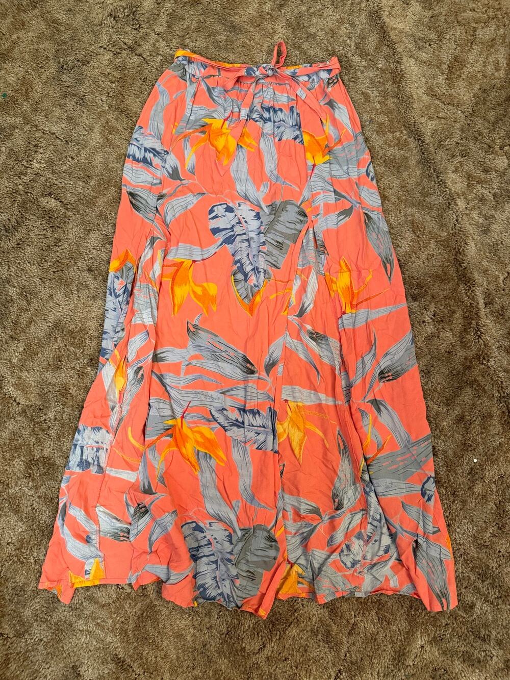 Patrons of Peace Coral Tropical Floral Rayon Double Slit Maxi Skirt Resort Wear